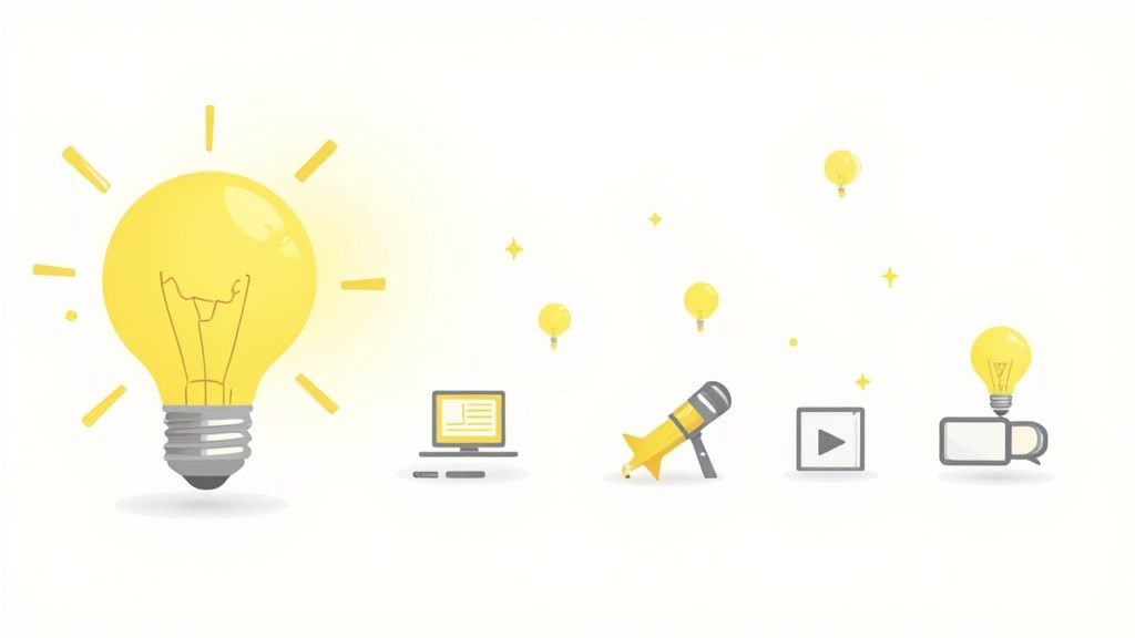 A person sitting at a desk, surrounded by icons representing different content formats like video, audio, and text, illustrating the concept of repurposing.