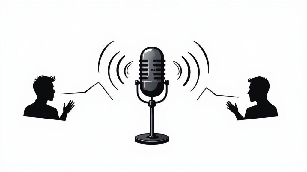 A person speaking clearly into a modern microphone in a quiet room, showcasing ideal recording conditions for AI transcription.