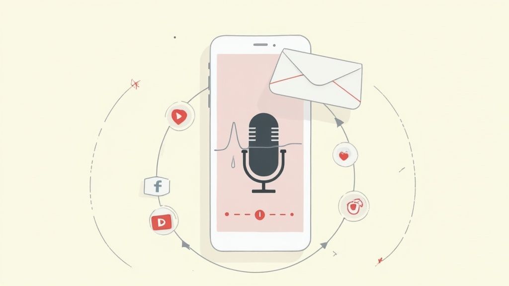 People listening to a podcast on their phones, with social media icons floating around them.