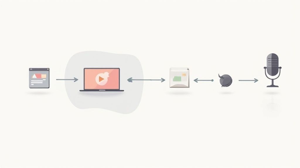 A person typing on a laptop, with creative idea icons floating around their head