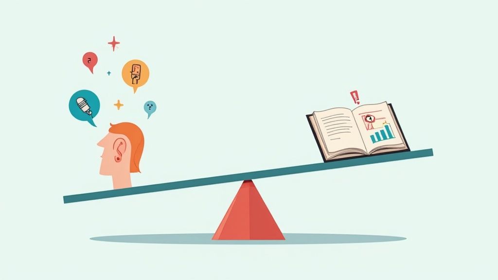 A person is smiling while listening to headphones, indicating the positive aspects of auditory learning.