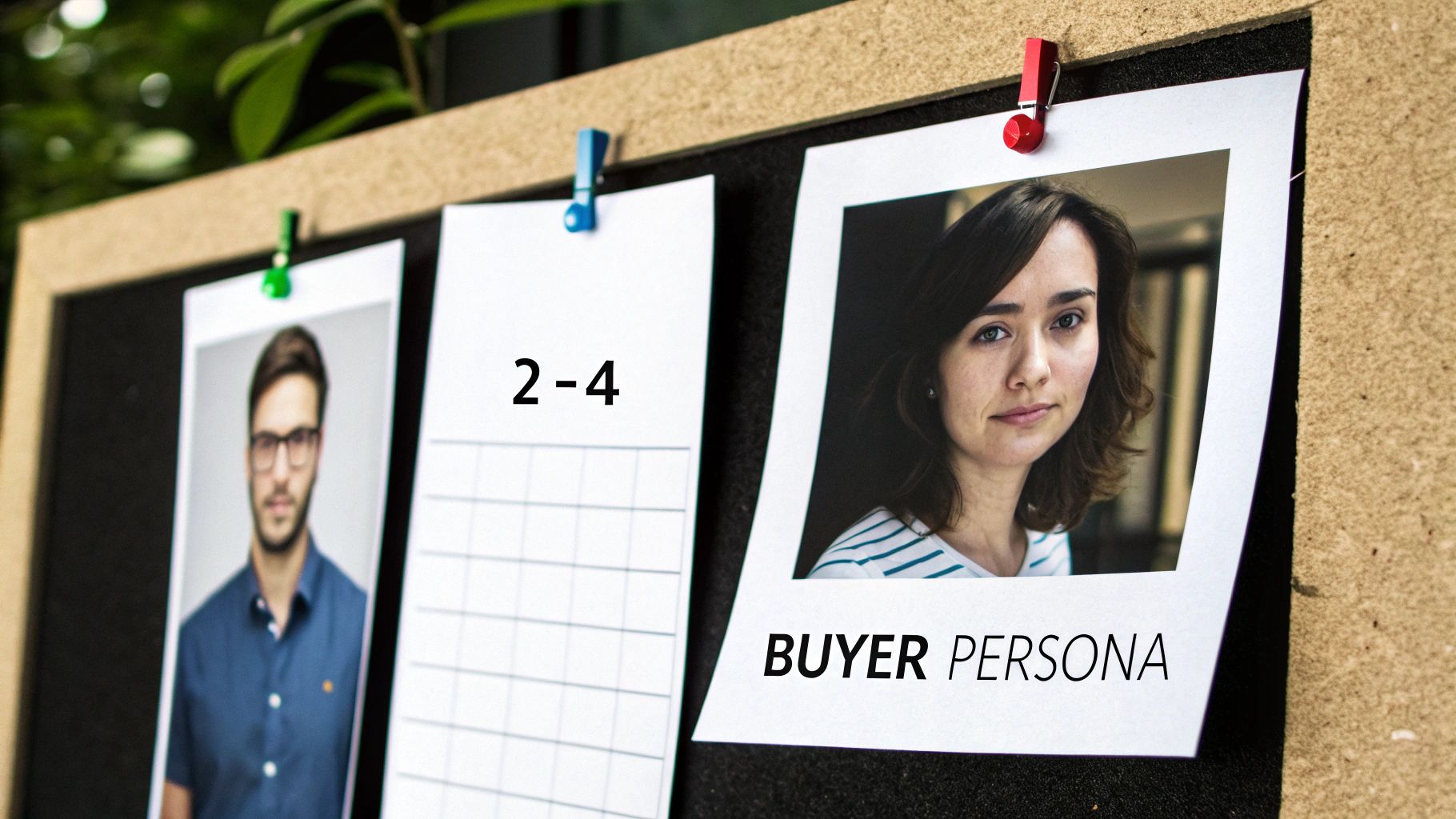 Three papers pinned to a cork board, showing a man, numbers '2-4', and a woman with 'BUYER PERSONA' text.
