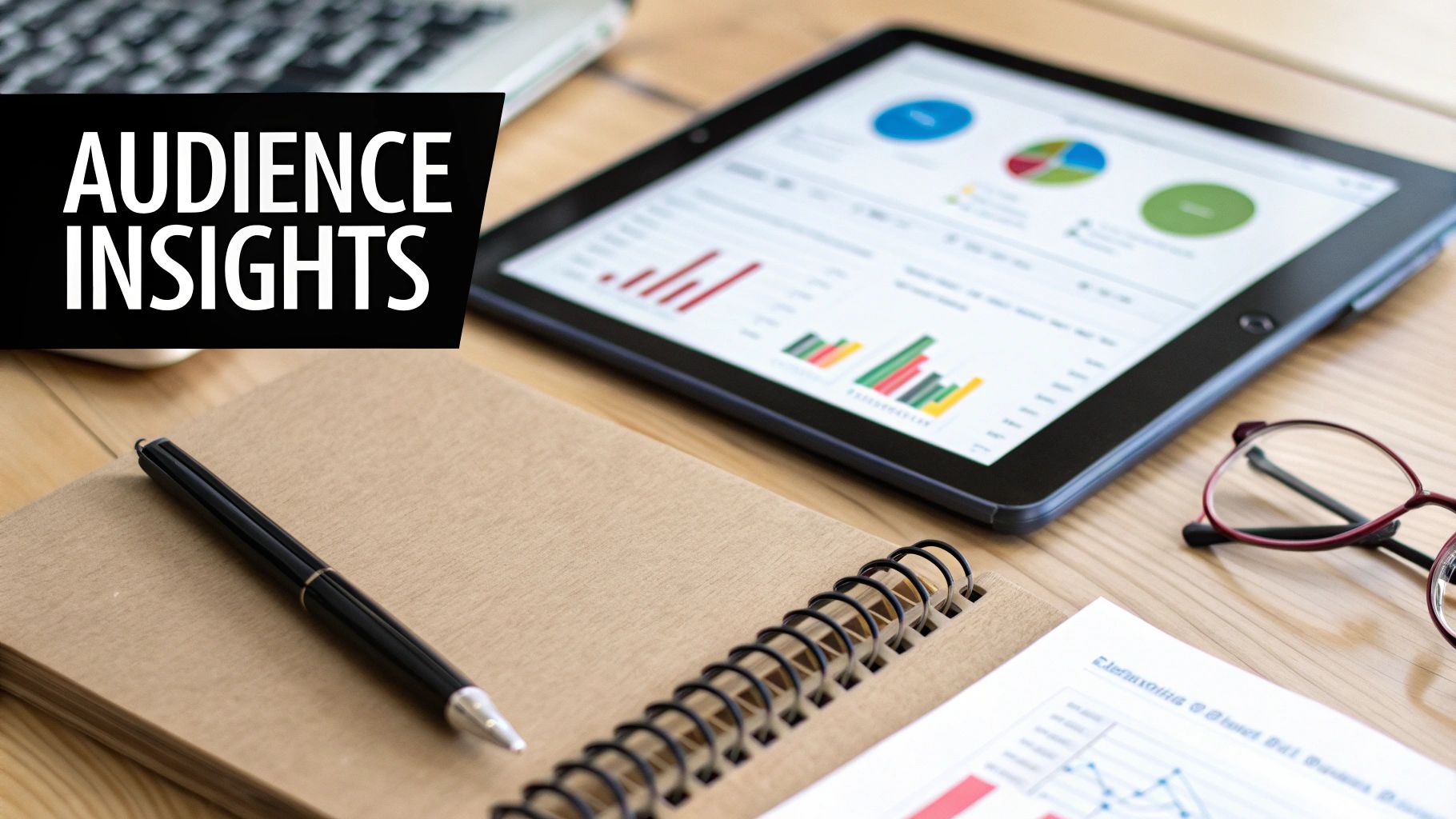 A professional workspace with a tablet showing data charts and graphs, a notebook, and a pen, featuring 'AUDIENCE INSIGHTS' text.