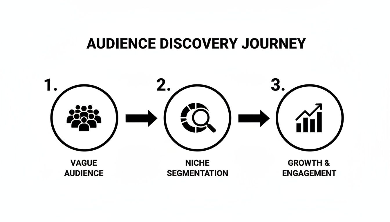 A three-step audience discovery journey diagram, showing vague audience, niche segmentation, and growth and engagement.