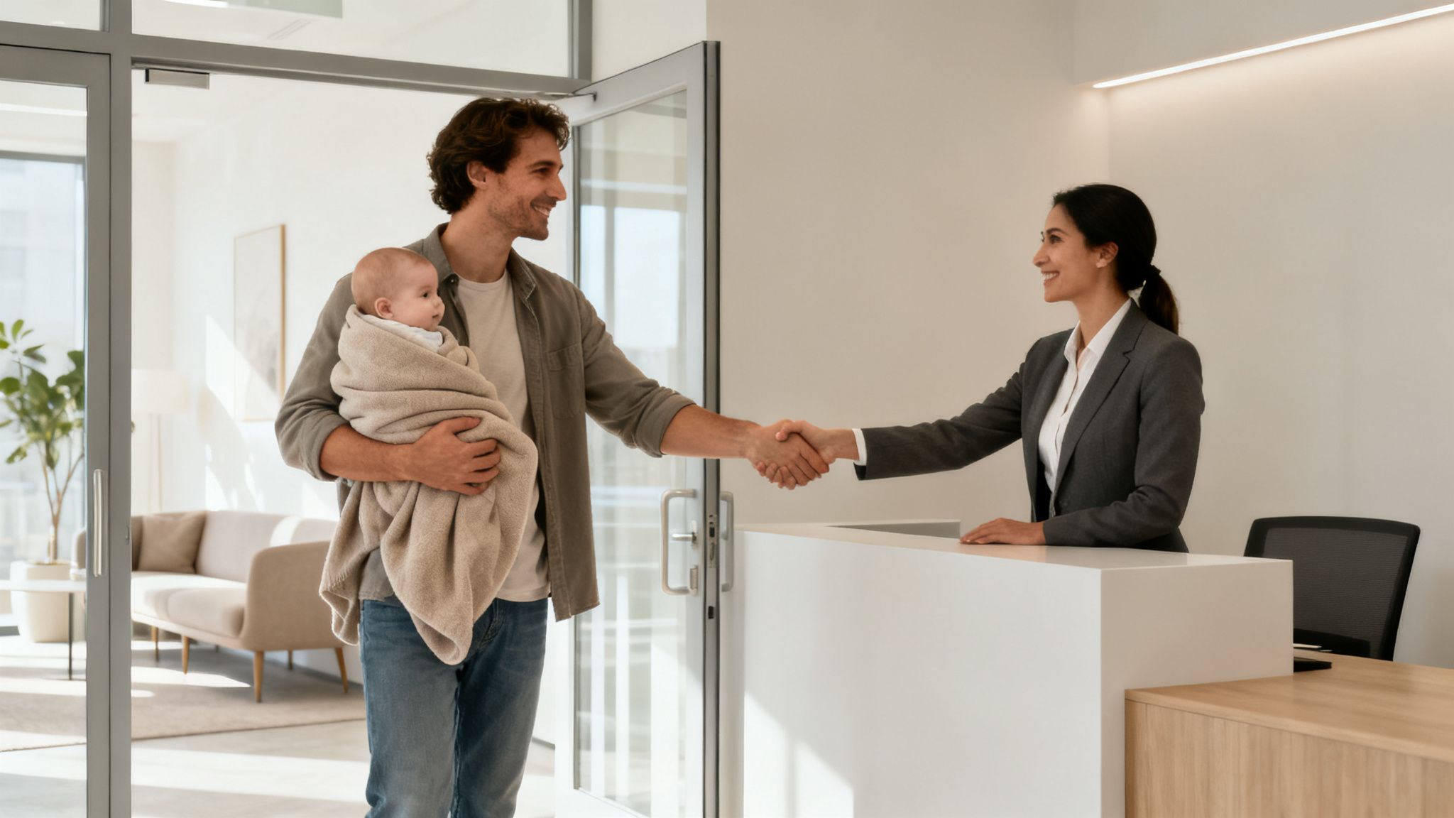 A smiling man holding a swaddled baby shakes hands with a professional woman at a reception desk.