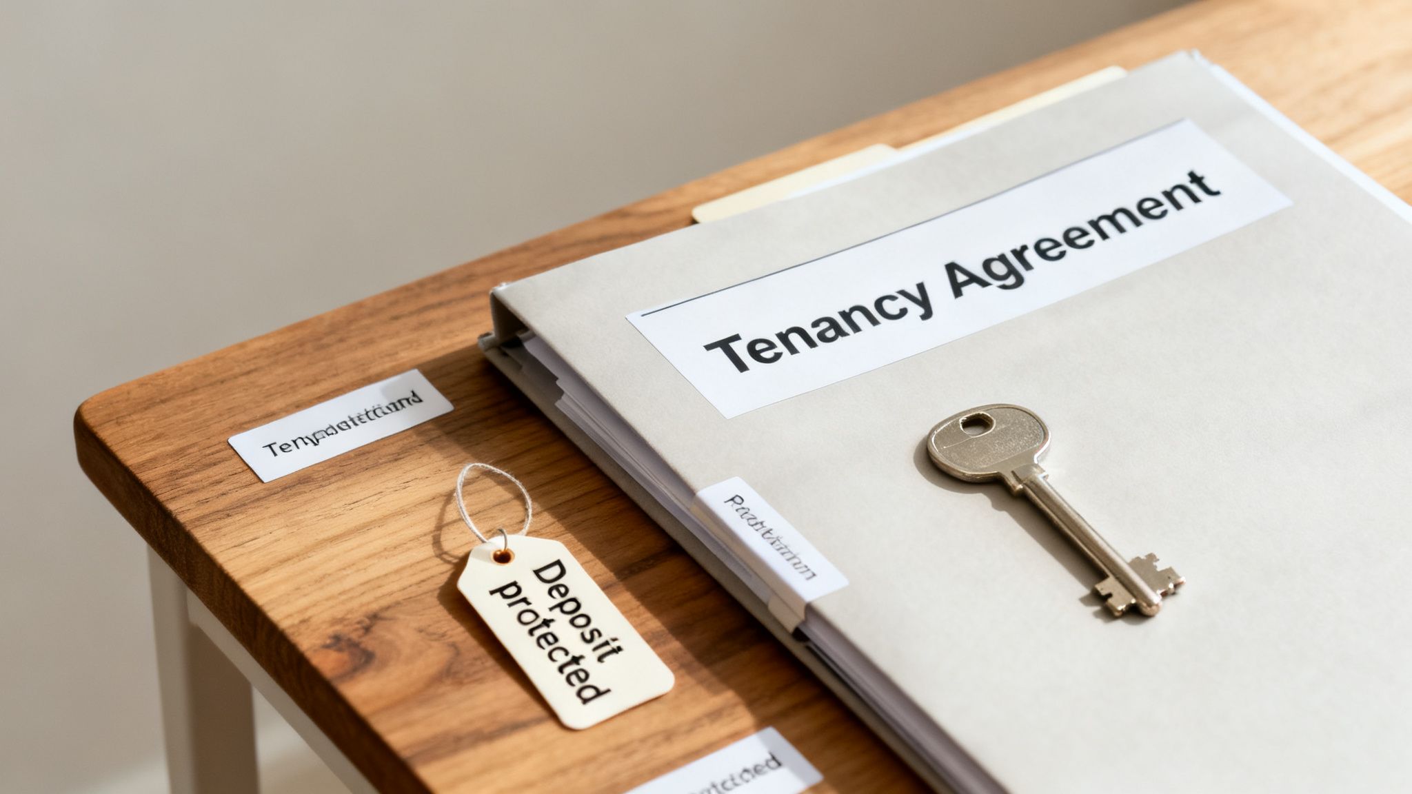 A folder labeled 'Tenancy Agreement' with a key and a 'Deposit protected' tag on a wooden surface.