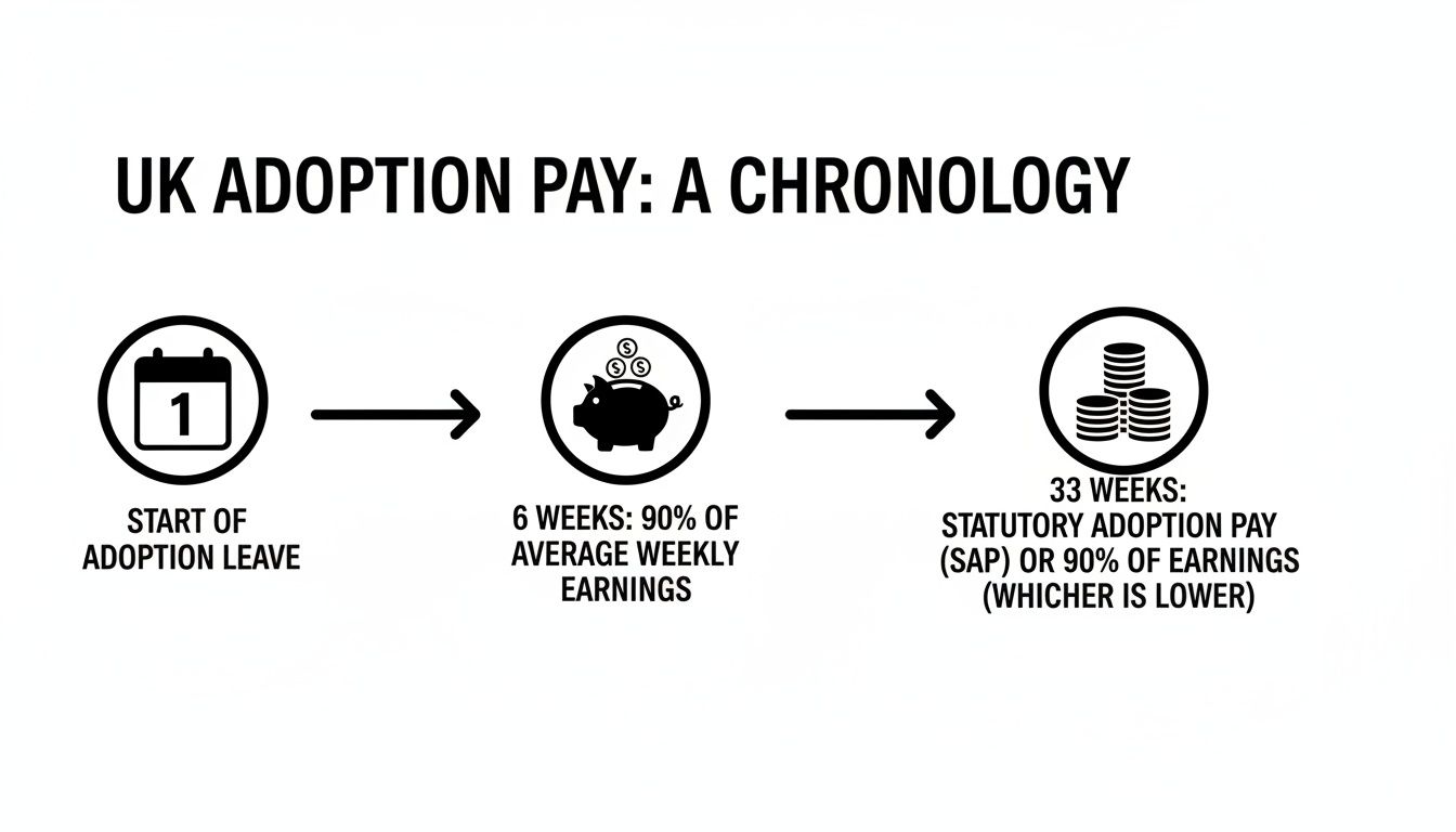 A timeline illustrating UK adoption pay: initial leave, 6 weeks at 90% earnings, then 33 weeks of SAP.