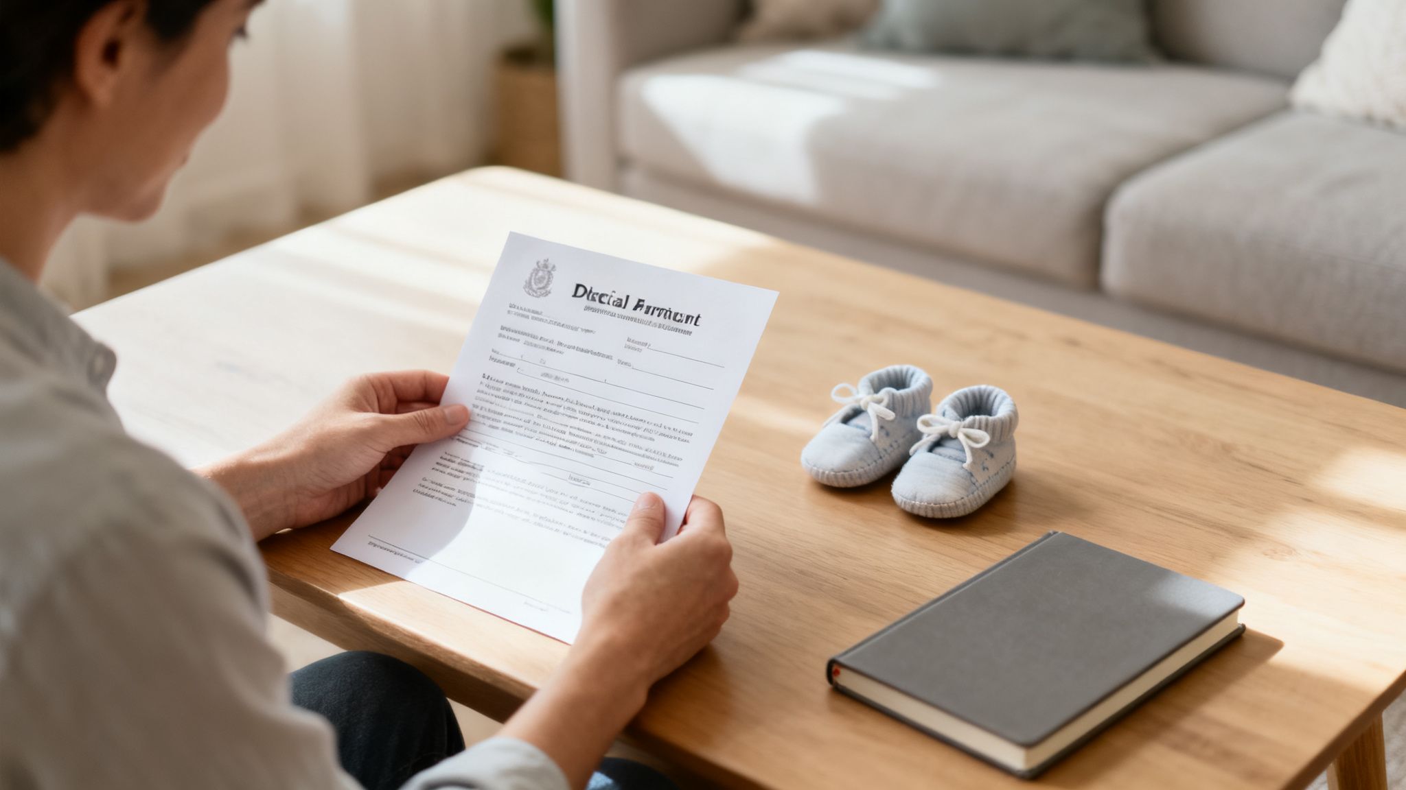 Person reading adoption papers next to baby shoes and a book on a wooden table.