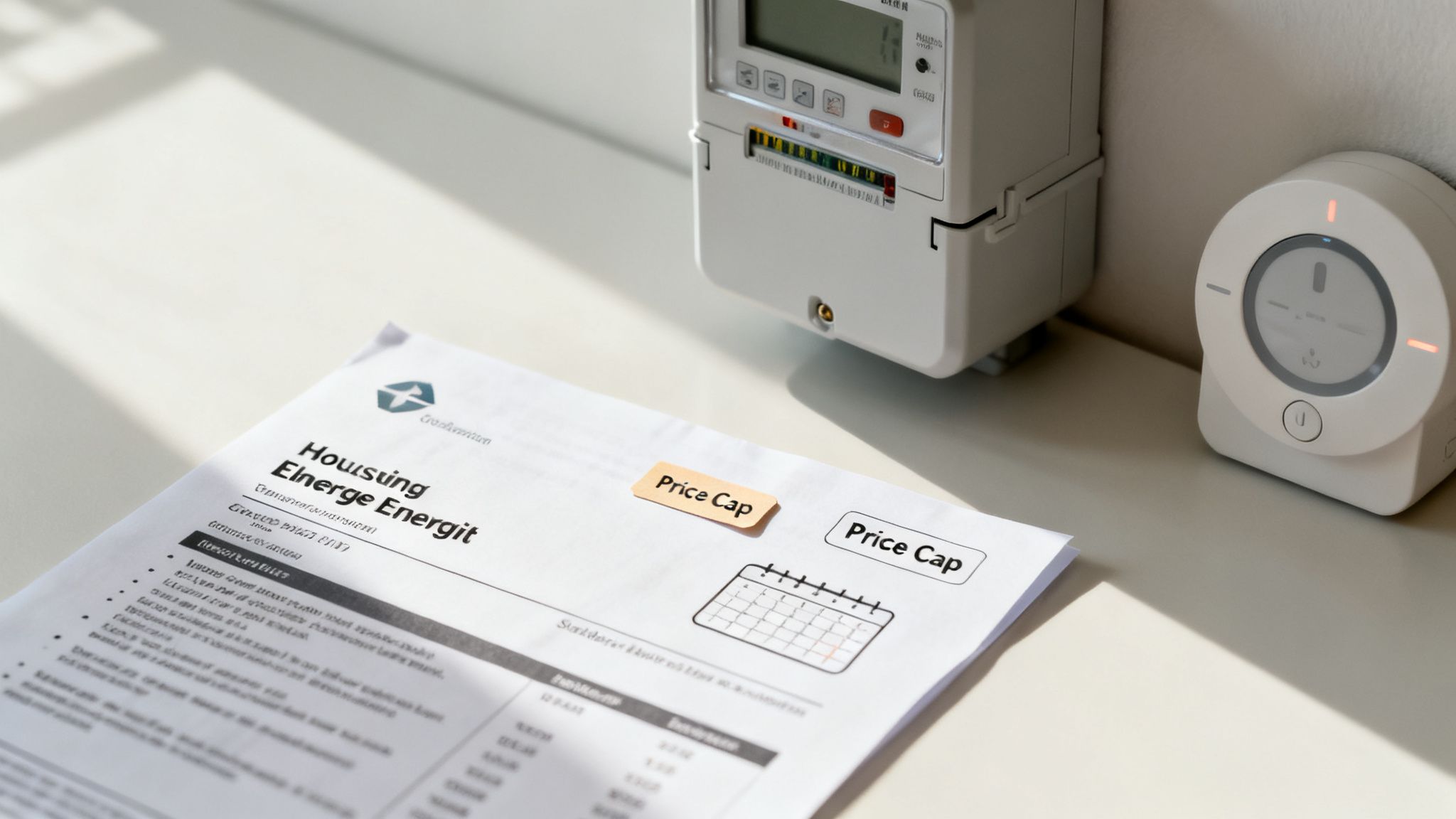 An energy bill document, smart meter, and thermostat on a white desk with sunlight.