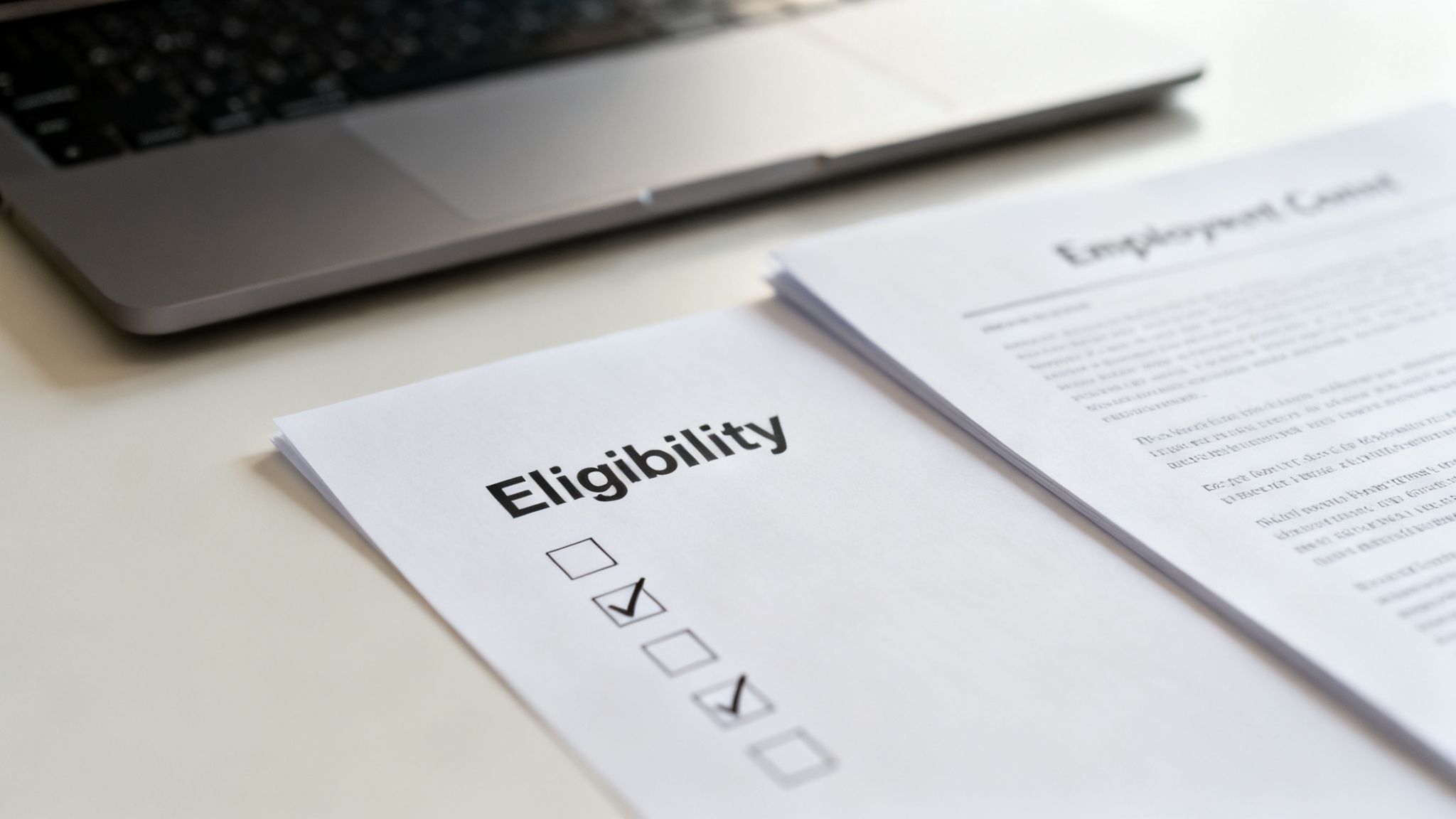 Paperwork on a desk with 'Eligibility' document, checkboxes, and a laptop in the background.