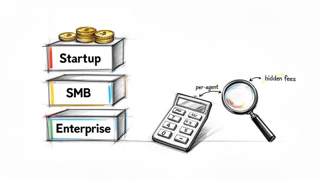 Illustration of business tiers (Startup, SMB, Enterprise) with a calculator and magnifying glass revealing hidden per-agent fees.