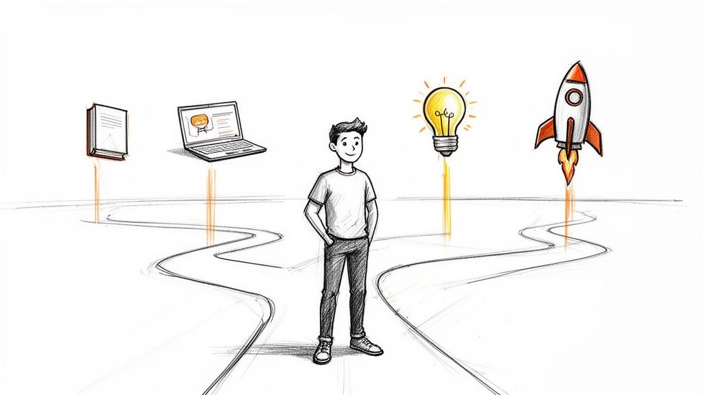 A person stands at a crossroads, choosing between learning resources (book, laptop) and innovative ideas (lightbulb, rocket).