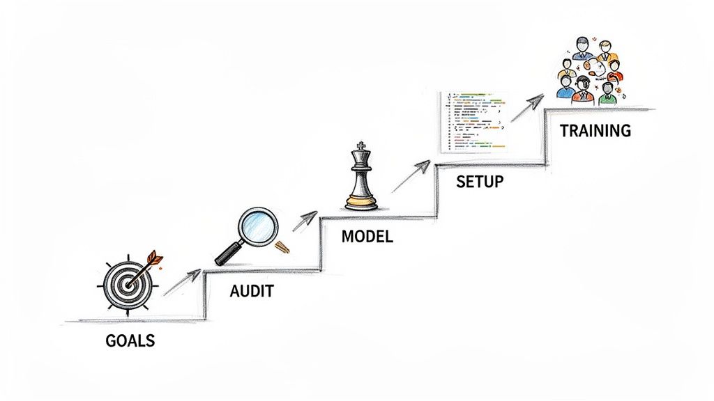 A visual process showing five steps: Goals, Audit, Model, Setup, and Training, with illustrative icons.