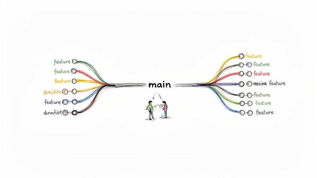 A colorful mind map illustrating a 'main' concept branching into multiple 'feature' elements.