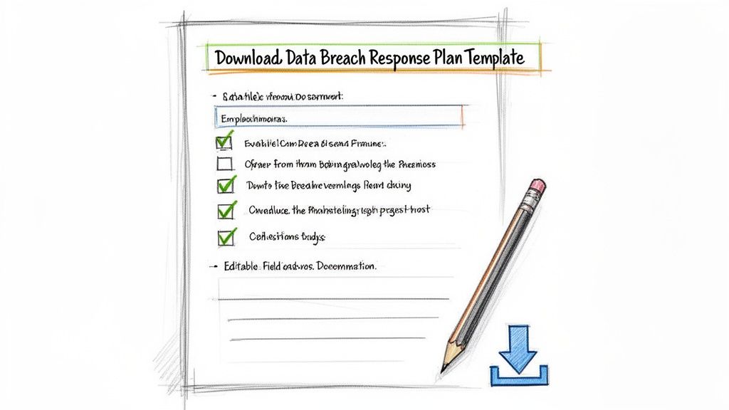Sketch of a data breach response plan template checklist with a pencil and download icon.