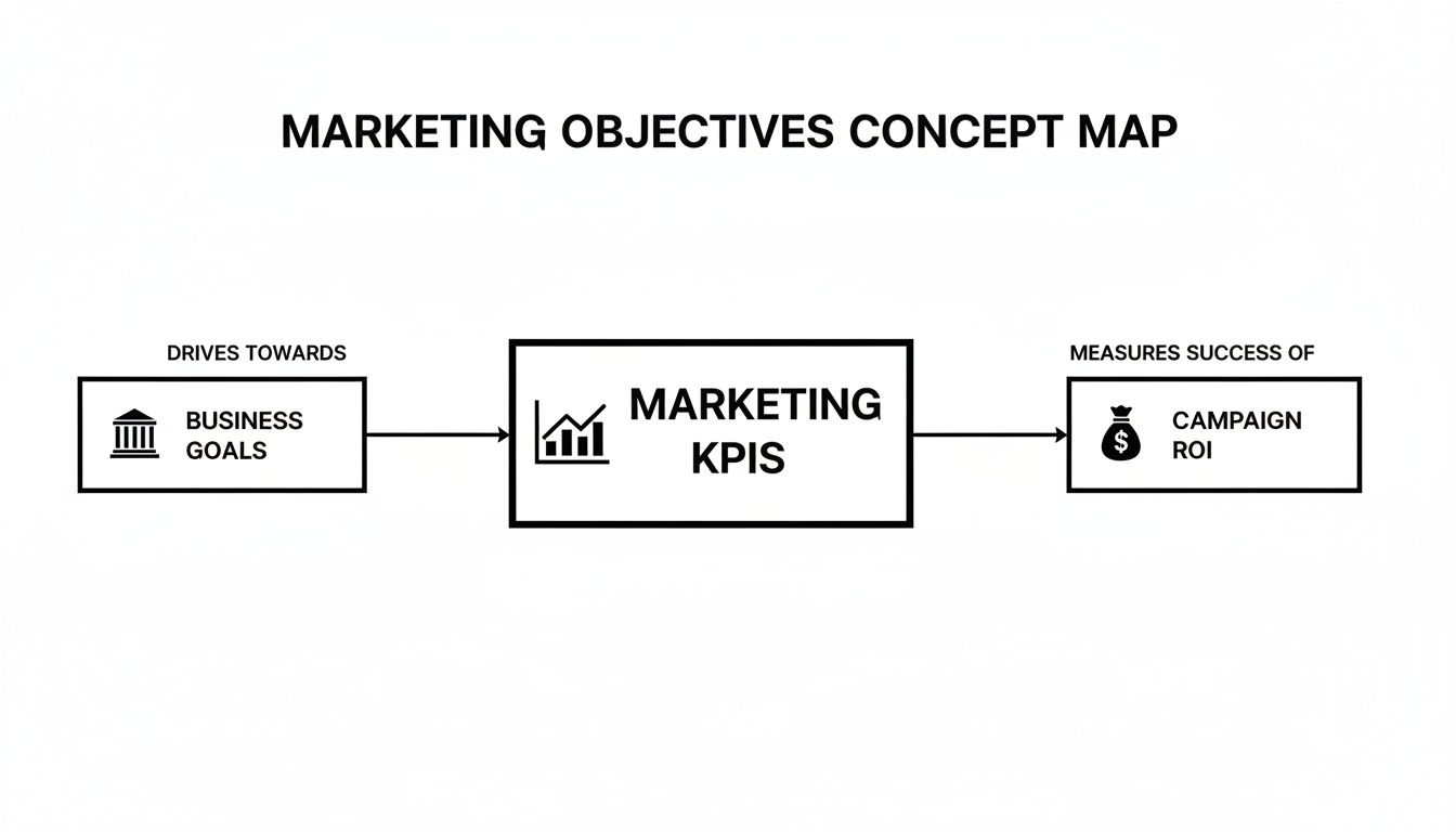 A concept map showing how marketing KPIs drive towards business goals and measure campaign ROI.