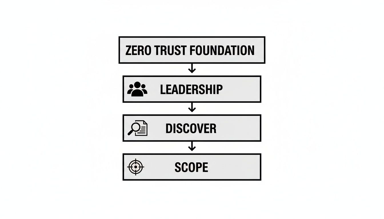 A flowchart showing four steps for implementing a zero trust foundation: leadership, discover, and scope.