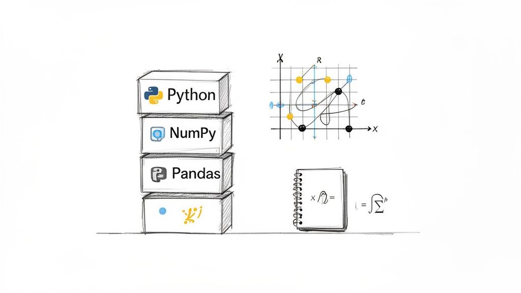 A stack of Python, NumPy, Pandas, and other data science tools alongside mathematical graphs and equations.