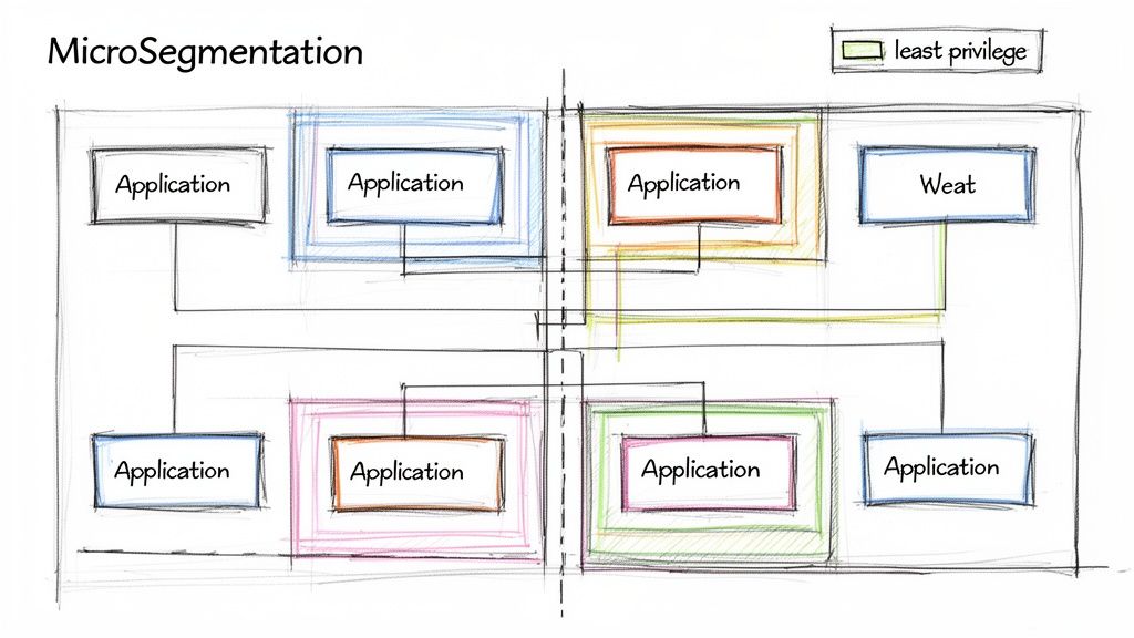 A MicroSegmentation diagram showing applications in different colored segments with connections and a 'least privilege' legend.