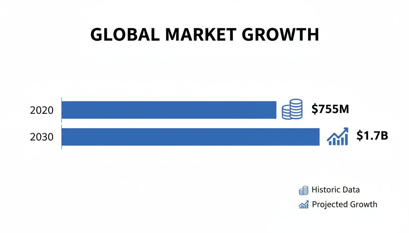 Horizontal bar chart illustrating global market growth from $755M in 2020 to $1.7B in 2030.