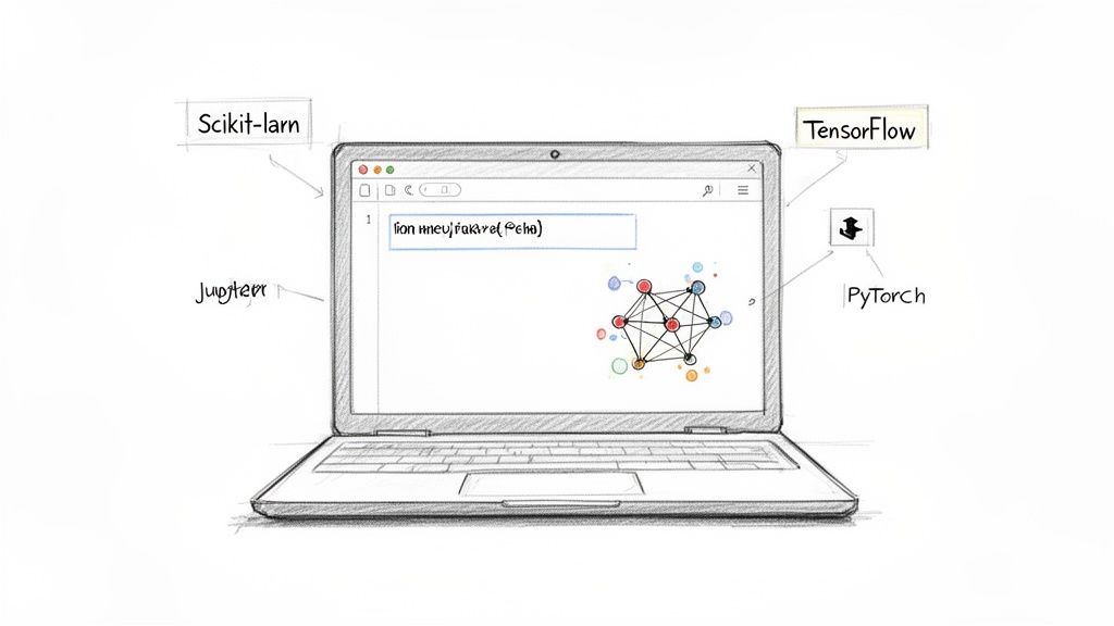 A sketch of a laptop displaying a network, surrounded by labels for AI/ML tools like Scikit-learn, Jupyter, TensorFlow, and PyTorch.