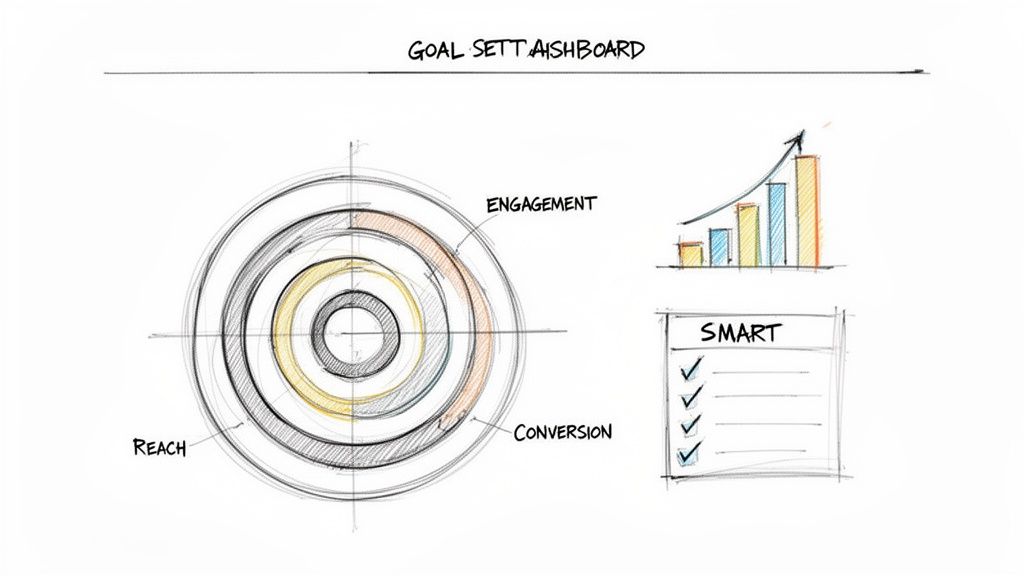 A sketched goal setting dashboard showing target metrics (reach, engagement, conversion), a growth chart, and a SMART checklist.