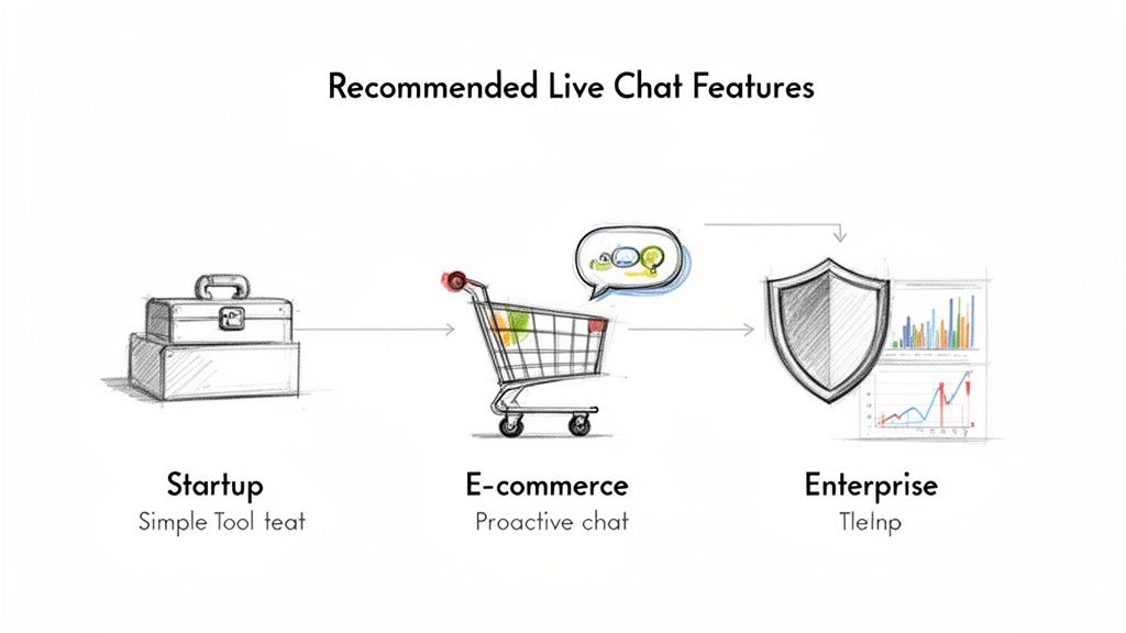 A visual guide illustrating recommended live chat features for Startup, E-commerce, and Enterprise businesses.