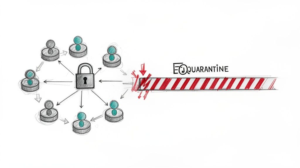 Central padlock secures interconnected user profiles, while a broken quarantine barrier signifies threat mitigation.