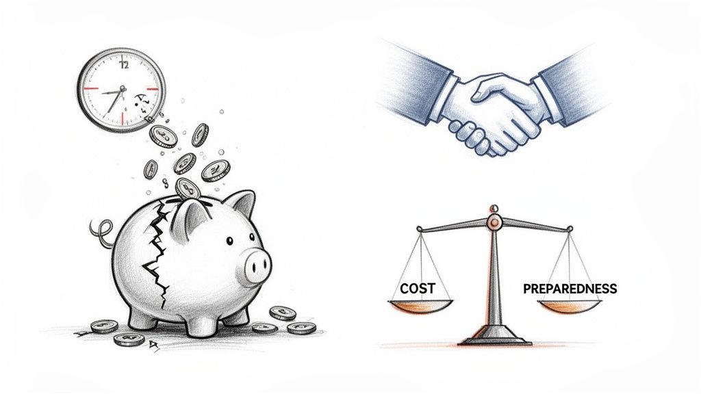 A visual representation of financial cost and preparedness, with a cracked piggy bank, handshake, and a scale.