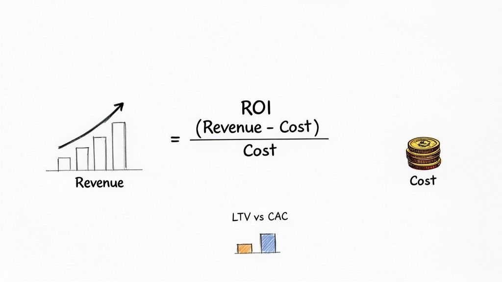 Hand-drawn ROI formula, revenue growth chart, cost coins, and LTV vs CAC comparison bars.