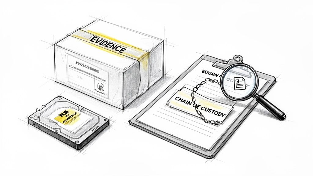 Digital evidence handling illustration featuring a hard drive, an evidence box, and a chain of custody document.