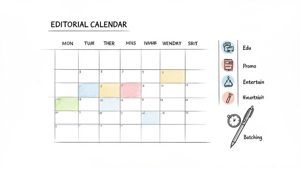 A hand-drawn editorial calendar displaying content types color-coded for Edu, Promo, and Entertain categories.
