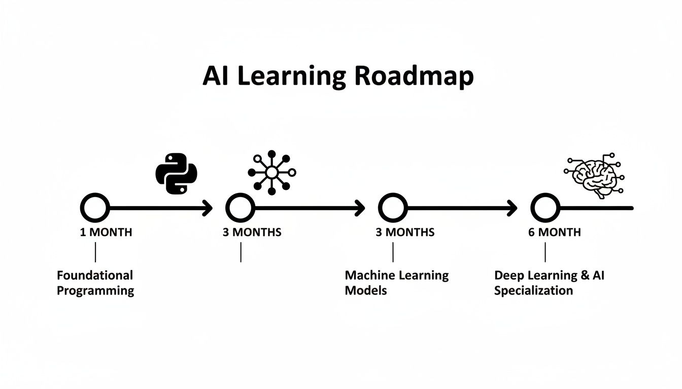 An AI learning roadmap outlining foundational programming, machine learning, and deep learning specialization over 13 months.