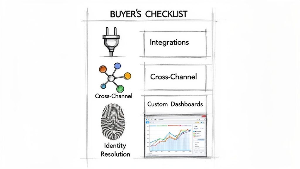 Illustration of a buyer's checklist featuring integrations, cross-channel, custom dashboards, and identity resolution.