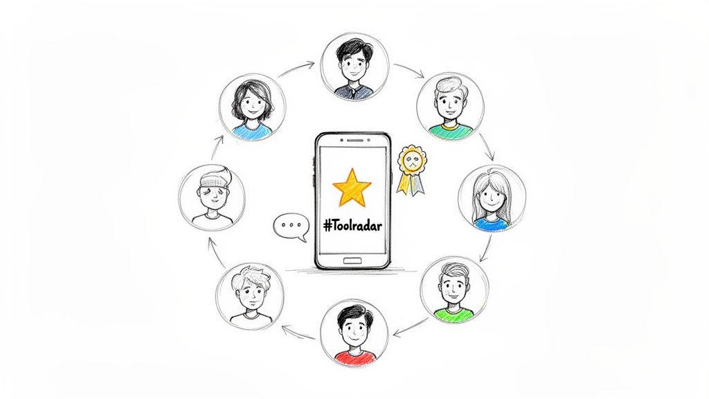 Cartoon illustration of diverse users circularly connected around a smartphone displaying #Toolradar and a golden star.