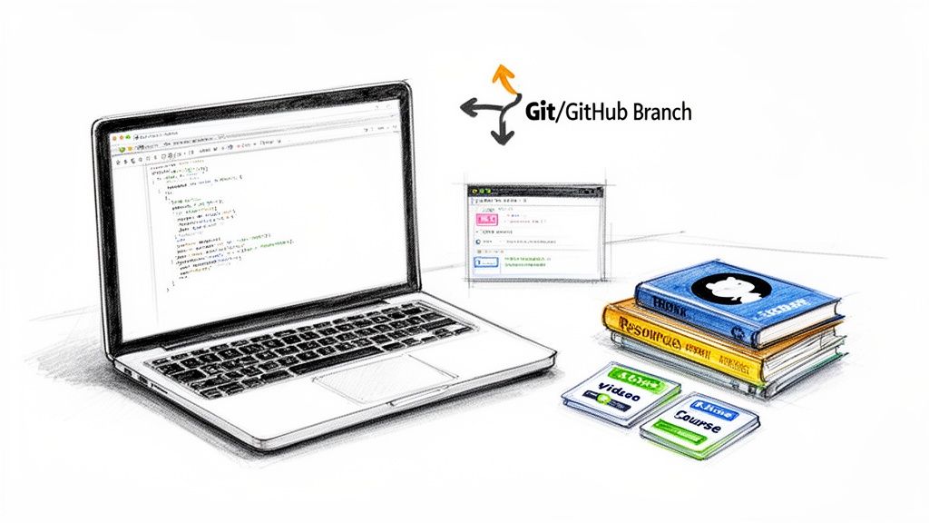 A sketch of a laptop showing code, terminal, Git/GitHub books, video, and e-course materials.