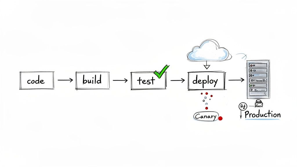 A diagram showing a software deployment pipeline: code, build, test (passed), deploy (canary), then production.