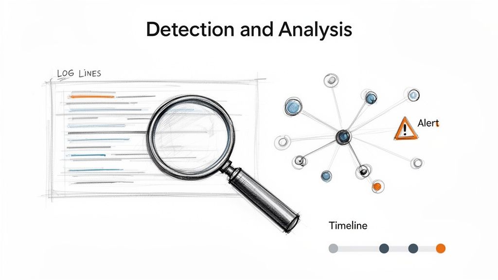 A magnifying glass over log lines, a network graph with an alert, and a timeline representing detection and analysis.