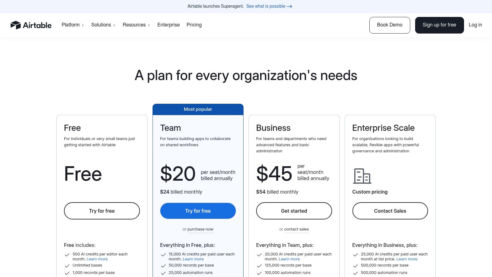 Airtable pricing plans page