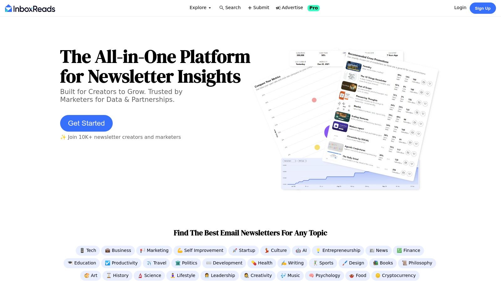InboxReads homepage showing newsletter categories