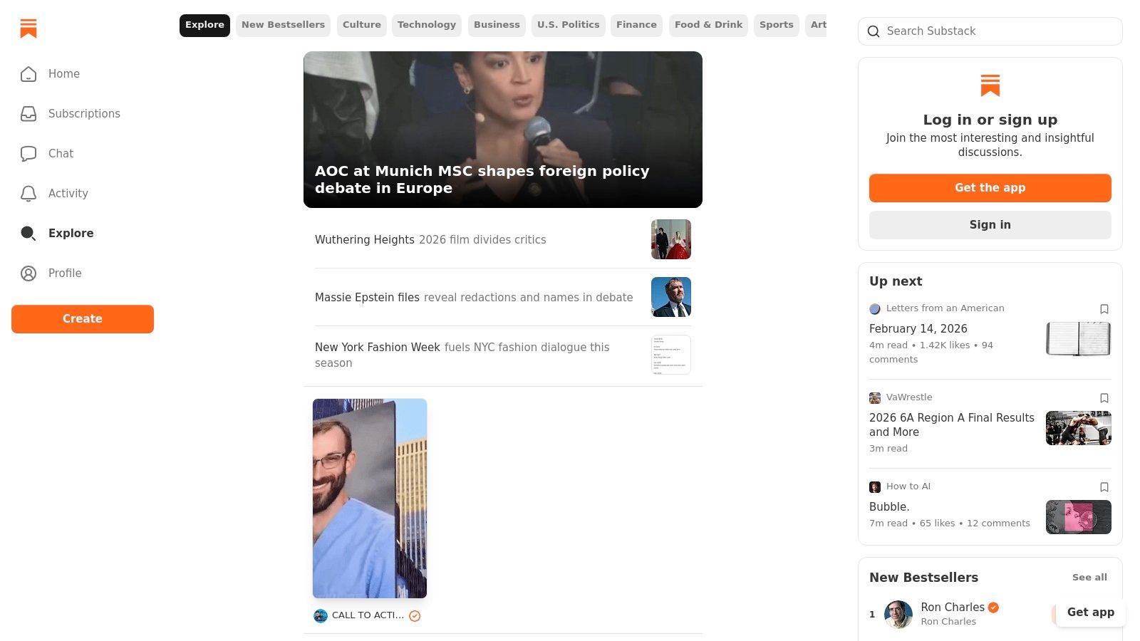 Substack's discovery feed showing various newsletters