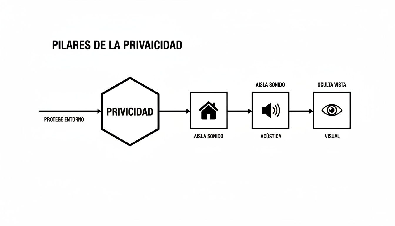 Diagrama de flujo: Pilares de la privacidad, incluyendo protección del entorno, aislamiento acústico y visual.