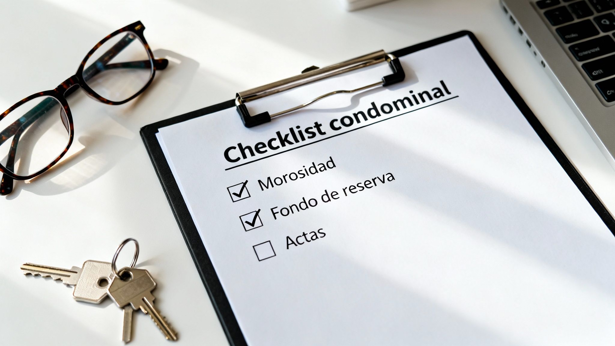 Documento de checklist condominal en un portapapeles con gafas, llaves y laptop en un escritorio blanco.
