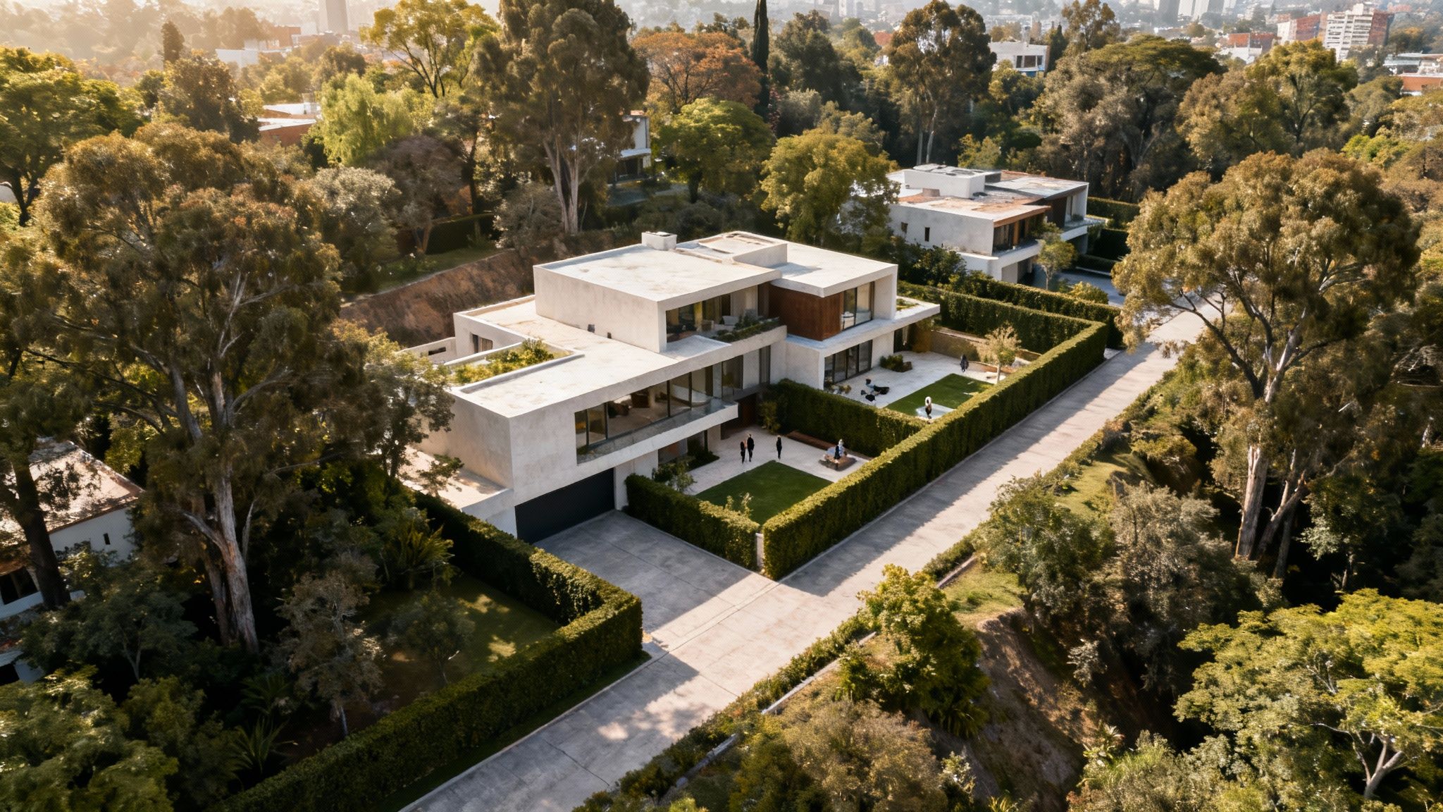 Vista aérea de una casa moderna de lujo en Bosques de las Lomas, rodeada de exuberante vegetación y árboles.