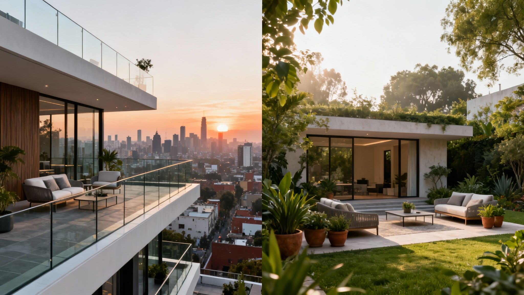 Imagen comparativa que muestra tres propiedades en Ciudad de México: un penthouse con terraza y alberca privada, un garden house con jardín y patio exterior, y un departamento de piso medio con balcón y vista urbana.  Si quieres, puedo adaptarlos al tono específico del artículo (más técnico, más comercial o más enfocado en SEO/AEO).