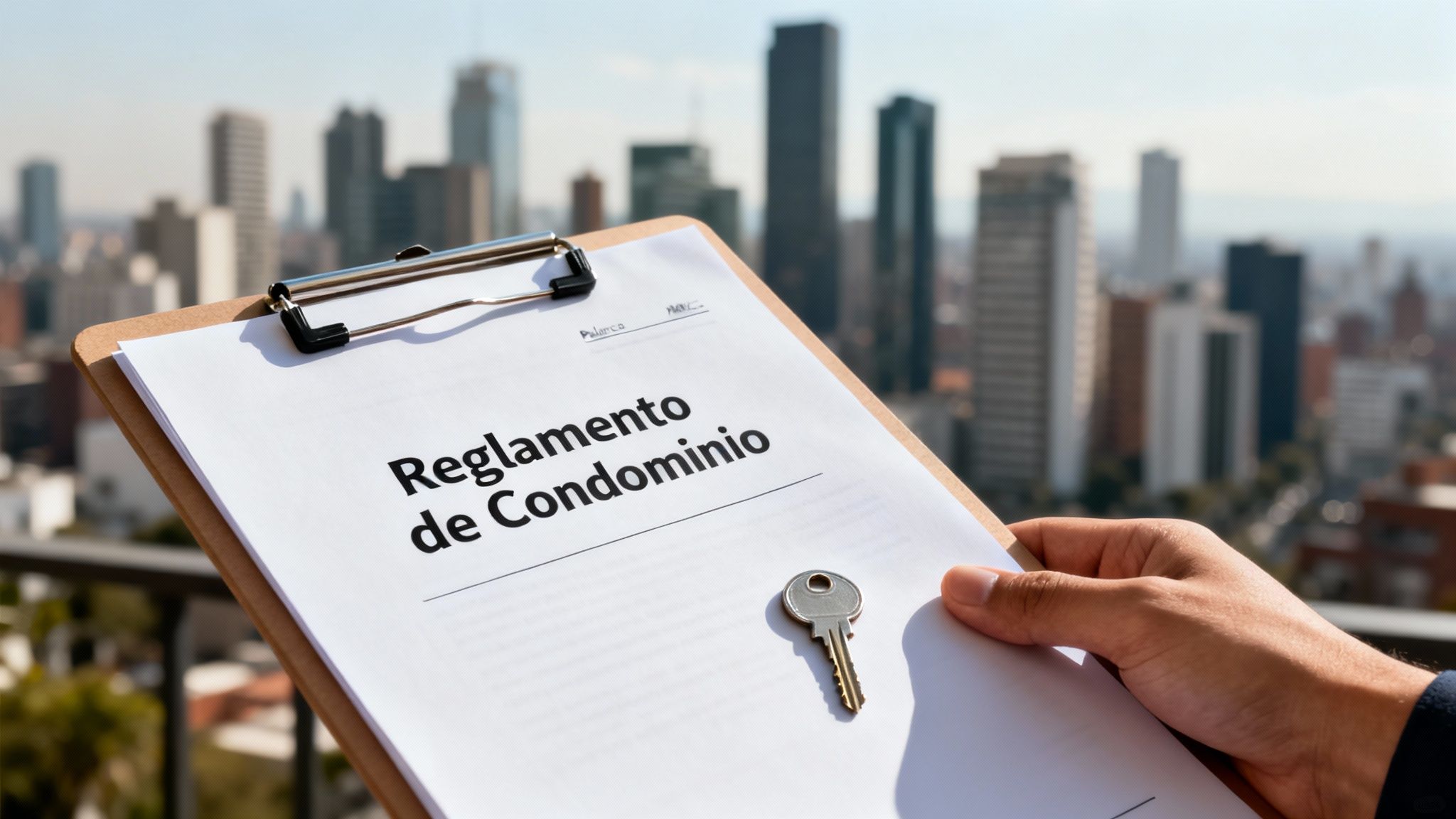 Persona sosteniendo reglamento de condominio y llave, con vista a una ciudad vibrante.