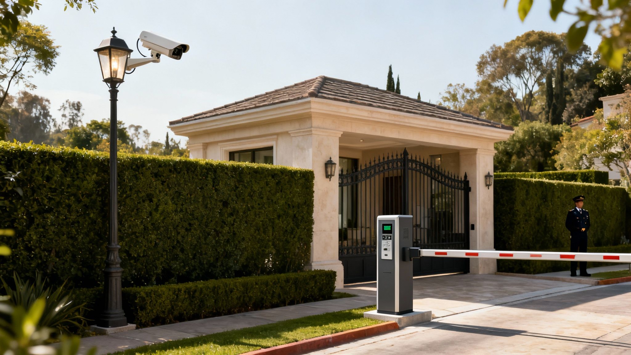 La entrada de una lujosa propiedad con guardia de seguridad, barrera automática, cámaras y un sistema de intercomunicación.