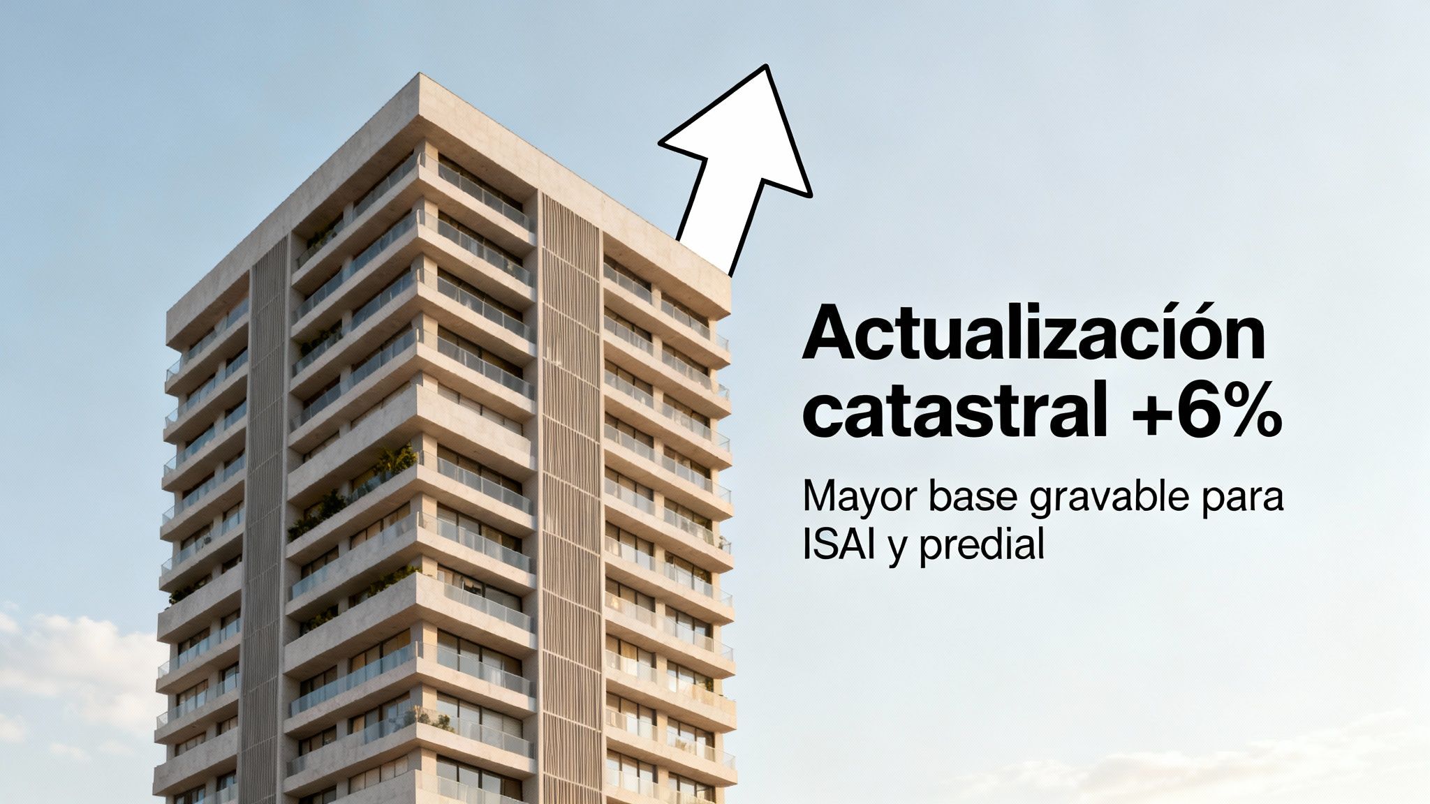 Edificio moderno con flecha blanca ascendente y texto: "Actualización catastral +6%", indicando mayor base gravable para ISAI y predial.