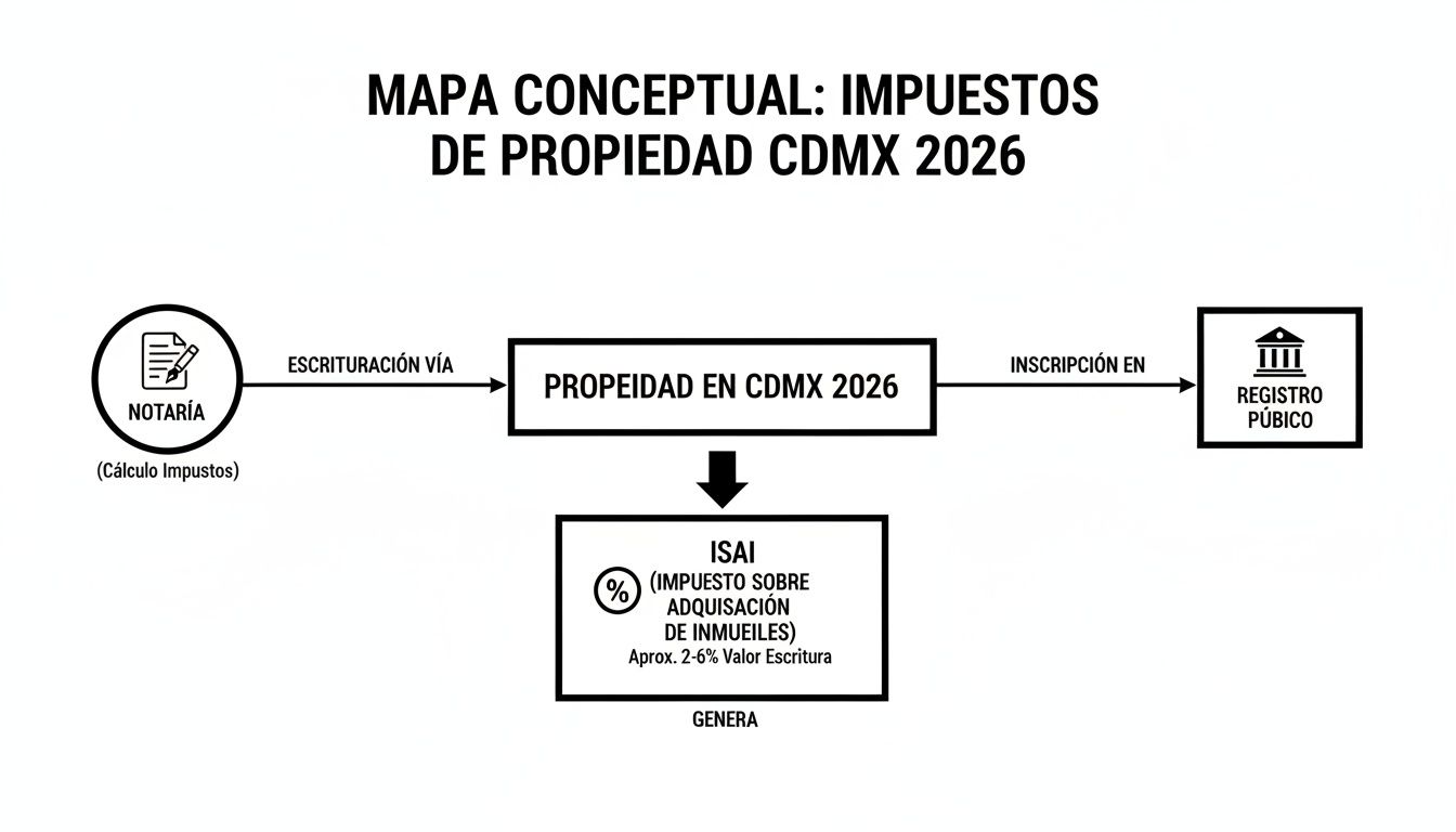 Mapa conceptual que detalla el proceso y los impuestos de adquisición de propiedad en CDMX para 2026, incluyendo notaría y registro público.
