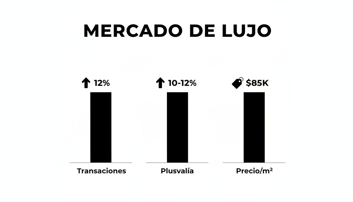 Gráfico de barras mostrando datos clave del mercado de lujo: transacciones, plusvalía y precio por metro cuadrado.